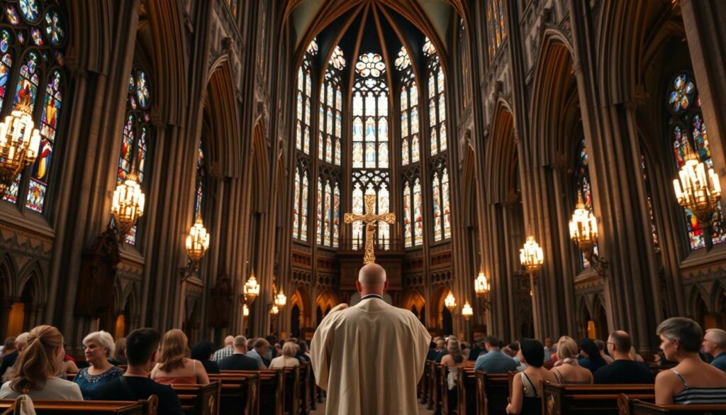 A grand cathedral stands tall, its gothic spires reaching towards the heavens. Stained glass windows cast a kaleidoscope of colors, illuminating the ornate interior. Ornamental arches, intricate carvings, and rows of wooden pews create an atmosphere of reverence and spiritual contemplation. In the foreground, a priest in ceremonial robes leads a procession, holding a gleaming cross aloft. Worshippers kneel in prayer, their faces aglow with the soft, warm lighting that filters through the sacred space. The scene evokes the rich history and enduring traditions of the Catholic faith, a tapestry of faith, art, and devotion.