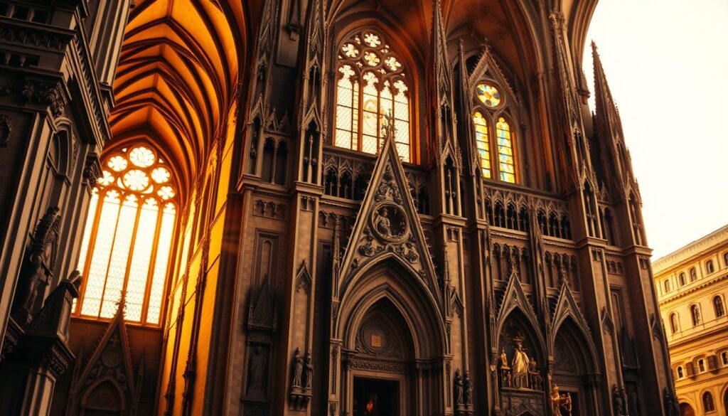 A grand cathedral stands tall, its ornate facade adorned with intricate carvings and towering spires that pierce the sky. The warm, golden light filters through stained-glass windows, casting a reverent glow upon the interior's vaulted ceilings and ornate altars. A sense of timeless grandeur and spiritual devotion permeates the scene, inviting the viewer to contemplate the rich history and significance of the "Catholic" and "Roman Catholic" terms. The overall composition conveys the weight and significance of the Catholic Church's legacy, setting the stage for a deeper exploration of its origins and evolution.