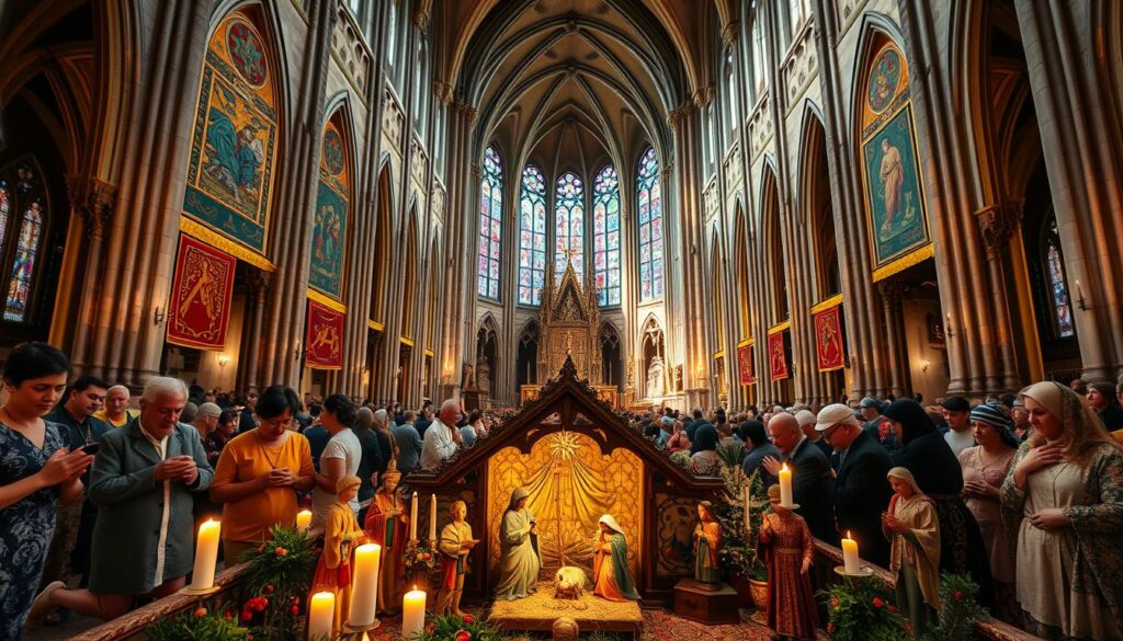 A grand cathedral stands tall, its spires reaching towards the heavens. Inside, worshippers from diverse cultures kneel in reverence, their hands clasped in prayer. Vibrant tapestries and ornate decorations adorn the walls, reflecting the rich tapestry of Catholic traditions from around the world. In the foreground, a nativity scene comes to life, with figurines representing the Holy Family surrounded by intricate displays of local customs and beliefs. Soft candlelight casts a warm, ethereal glow, evoking a sense of timelessness and unity. The scene is captured through a wide-angle lens, providing a comprehensive view of the grand, multicultural celebration of the birth of Christ.