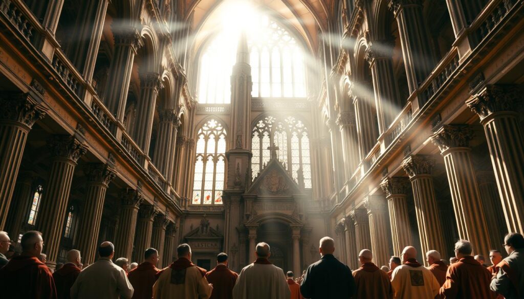 A grand cathedral stands tall, its towering spires reaching towards the heavens. Sunlight streams through stained glass windows, casting a warm, reverent glow upon the ornate interior. In the foreground, a group of robed figures - bishops, priests, and worshippers - gather in solemn ceremony, their faces etched with devotion. The scene evokes the powerful synthesis of Roman imperial grandeur and the burgeoning Christian faith, a testament to the pivotal moment when the once-persecuted religion became enshrined within the structures of power. Majestic columns and intricate carvings hint at the cultural and architectural influence of the Roman legacy, while the reverent hush and sacred rituals speak to the profound spiritual transformation sweeping across the ancient world.