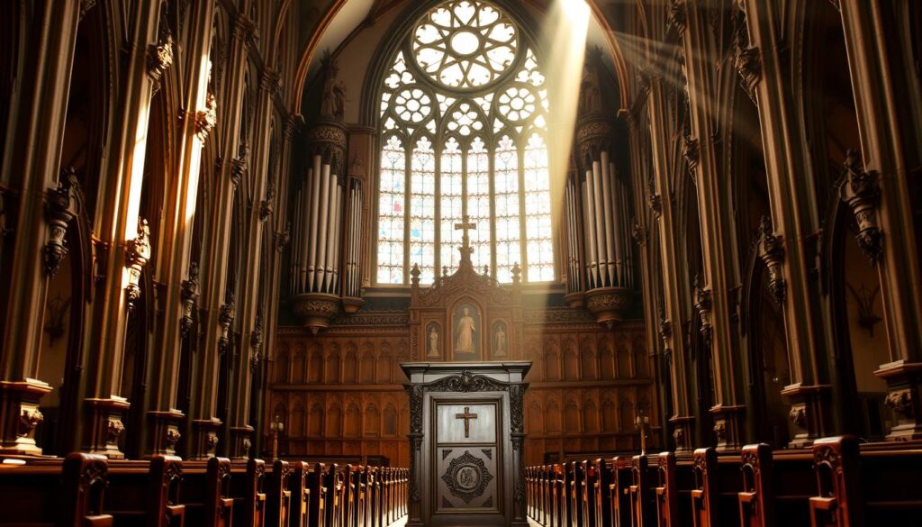 A grand cathedral with an ornate Gothic facade, its steeple reaching towards the heavens. Sunlight streams through the stained-glass windows, casting a warm glow over the interior. In the foreground, a pulpit stands, framed by intricate carvings and ornate details. On either side, rows of wooden pews await the faithful. The middle ground reveals a mix of traditional Catholic iconography and the simple elegance of Baptist design. In the background, a majestic organ pipes swell with hymns, uniting the two faiths in a harmonious symphony of worship.