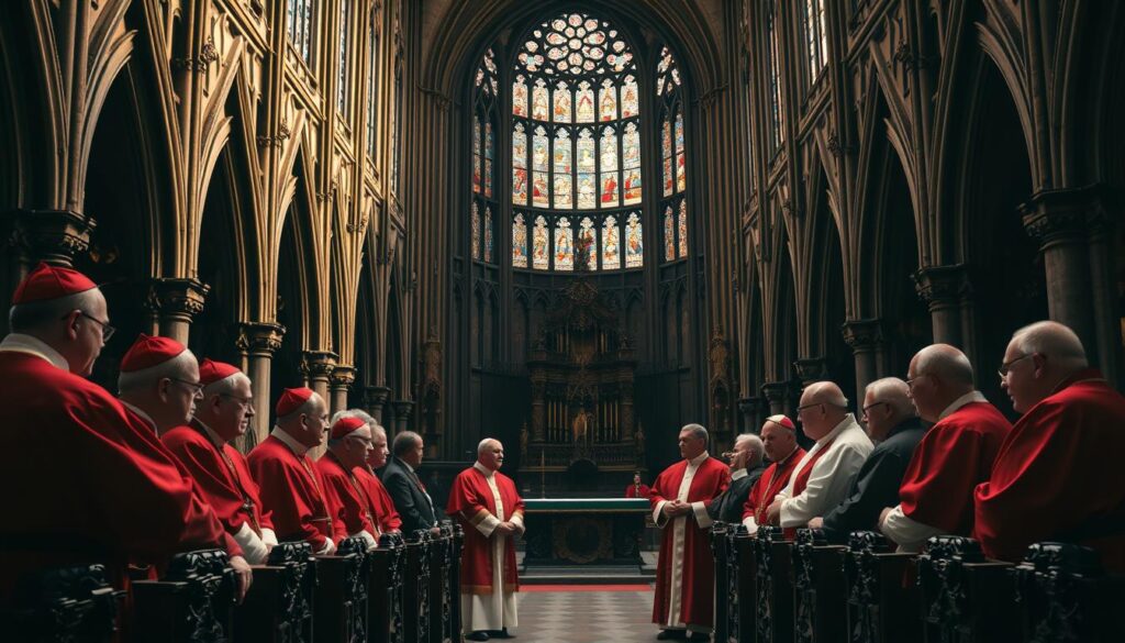 A grand cathedral with intricate Gothic architecture, towering spires, and stained glass windows casting a warm, reverent glow. In the foreground, a group of Catholic bishops and cardinals, robed in crimson and white, gathered in a semicircle, deep in discussion. Their faces express a sense of solemn authority and spiritual guidance. The middle ground features ornate, carved wooden pews and an ornate altar, while the background is filled with a dimly lit, cavernous interior, evoking a sense of history and tradition. The lighting is soft and atmospheric, creating a sense of reverence and contemplation.
