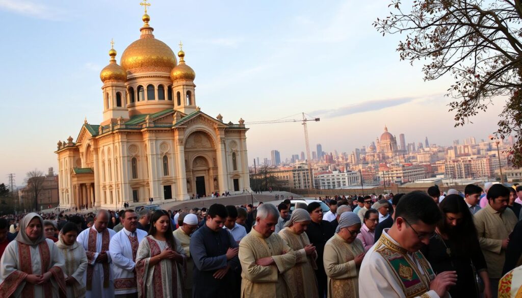 A grand cathedral with ornate Byzantine architecture stands tall, its golden domes and intricate facades catching the warm light of the setting sun. In the foreground, a group of worshippers in traditional Eastern Catholic vestments kneel in prayer, their faces serene and reverent. The middle ground is populated by a diverse congregation, representing the diverse cultural and ethnic heritage of the Byzantine Catholic community. In the background, a bustling city skyline emerges, hinting at the vibrant urban setting in which this ancient tradition continues to thrive. The scene exudes a sense of timeless spirituality and the enduring presence of the Eastern Catholic faith within the wider Catholic world.