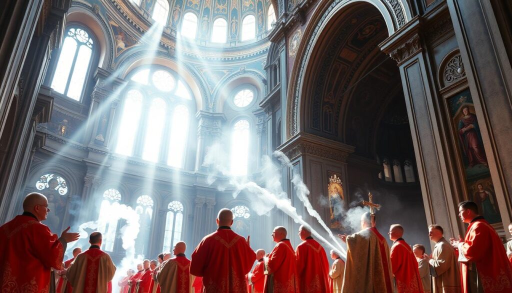 A grand cathedral with ornate Byzantine-style architecture, its domes and arches adorned with glittering mosaics. Sunlight streams through stained glass windows, casting a warm, reverent glow on the scene. In the foreground, Eastern Catholic clergy in vibrant vestments perform a solemn liturgy, their movements graceful and deliberate. Incense wisps drift through the air, mingling with the rich tones of chanting. The atmosphere is one of timeless tradition, where the spiritual and the earthly converge in a harmonious display of Eastern Catholic devotion.