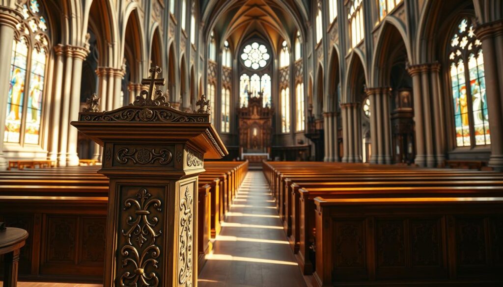 A grand cathedral with ornate Gothic architecture, bathed in the warm glow of stained glass windows. In the foreground, a lectern stands, adorned with intricate carvings and symbolic motifs, inviting the viewer to engage in the intellectual exploration of Catholic apologetics. The middle ground features rows of wooden pews, casting long shadows that hint at the weighty foundations of this tradition. In the background, towering arched ceilings and ornate altars suggest the grandeur and solemnity of the Catholic faith. The scene conveys a sense of reverence, contemplation, and the pursuit of deeper spiritual understanding.