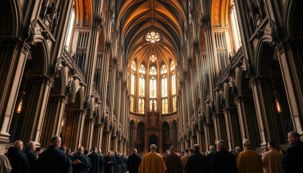 A grand cathedral with ornate Gothic architecture, its towering spires piercing the sky. In the foreground, a group of robed clergy standing in solemn procession, their faces shrouded in reverence. The middle ground reveals a vast interior, illuminated by shafts of warm, golden light filtering through stained glass windows. Massive stone columns support the vaulted ceiling, a testament to the power and authority of the Roman Catholic Church. The background showcases a complex hierarchy of ecclesiastical figures, each occupying a specific role within the church's intricate power structure.