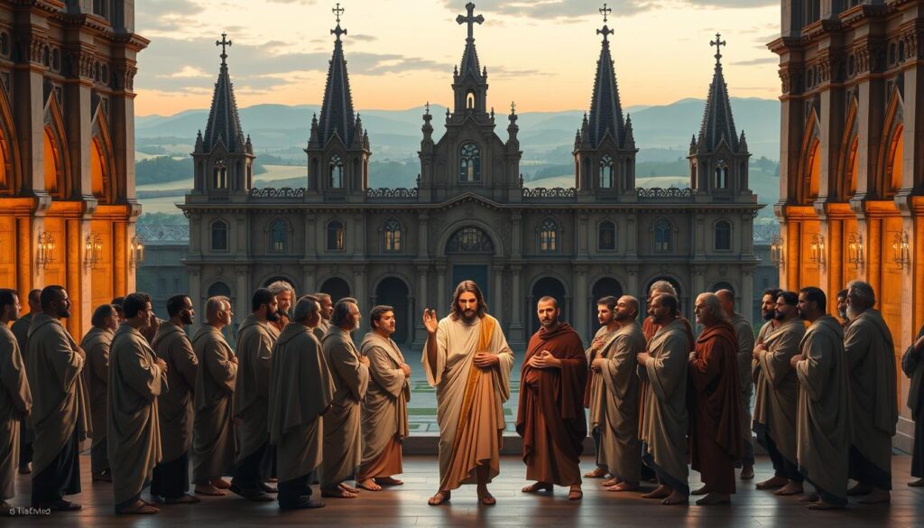 A grand cathedral with ornate spires and intricate arches, illuminated by soft, warm lighting. In the foreground, a group of men in flowing robes and sandals, their faces earnest and reverent, gathered around a central figure with an aura of serenity and wisdom. The scene depicts the Apostles, the foundation of the Catholic Church, as they receive their divine mission from Jesus Christ, the savior. The background features a serene landscape, with rolling hills and a distant horizon, symbolizing the global reach and enduring legacy of this sacred institution. Rendered in a classical, painterly style, with attention to historical accuracy and emotional resonance.