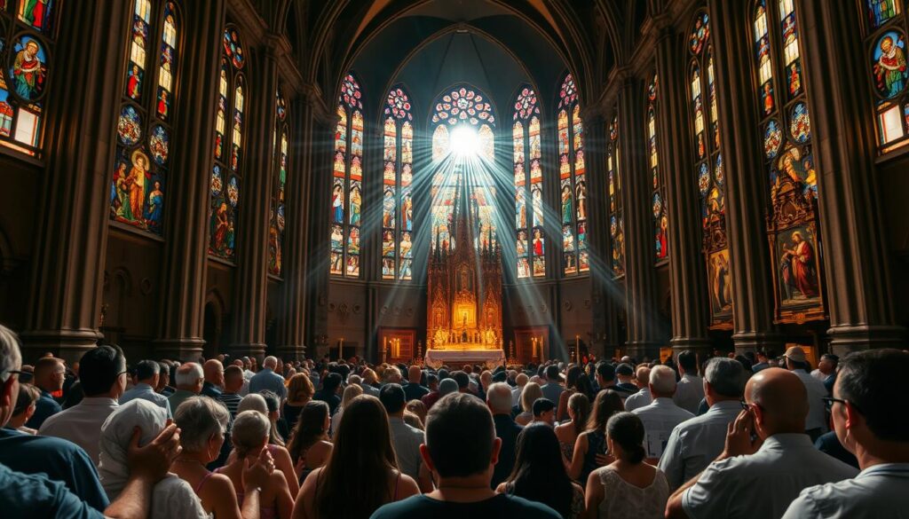 A grand cathedral with stained glass windows casting a warm, reverent glow. At the center, a congregation of diverse believers from around the world partaking in the Catholic sacraments - baptism, communion, confirmation, and more. Celestial beams of light radiate from the altar, symbolizing the unifying power of these sacred rites. In the foreground, hands clasped in prayer, faces uplifted in devotion. Ornate religious iconography adorns the walls, a tapestry of faith connecting all who gather. This scene captures the global unity and timeless traditions of the Catholic Church.