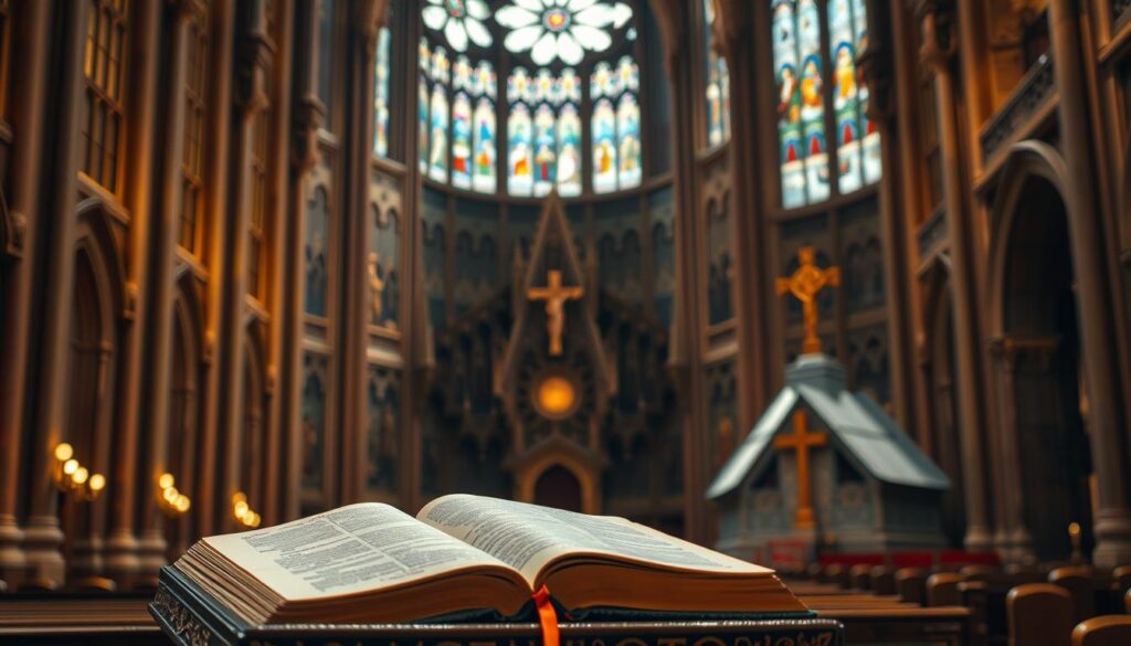 A grand cathedral with stained glass windows, its ornate architecture a testament to centuries of Catholic tradition. In the foreground, a holy book rests on an ornate lectern, representing the primacy of scripture. Yet, in the distance, a smaller church with a simple wooden cross stands apart, symbolizing the Protestant emphasis on sola scriptura. The lighting is soft and reverent, casting a warm glow that highlights the contrasting perspectives on the authority of scripture and tradition.