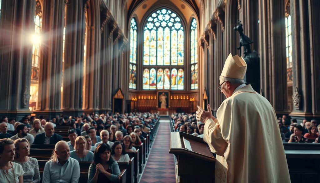 A grand cathedral with stained glass windows, sunlight streaming through, casting a warm, reverent glow. In the foreground, a bishop stands at a pulpit, gesturing with purpose as he delivers a sermon to a rapt congregation. The middle ground reveals rows of pews, filled with people of all ages, their faces alight with spiritual contemplation. In the background, ornate architectural details and ornaments evoke the rich history and tradition of the Catholic faith. The scene exudes a sense of reverence, devotion, and the transformative power of evangelization.