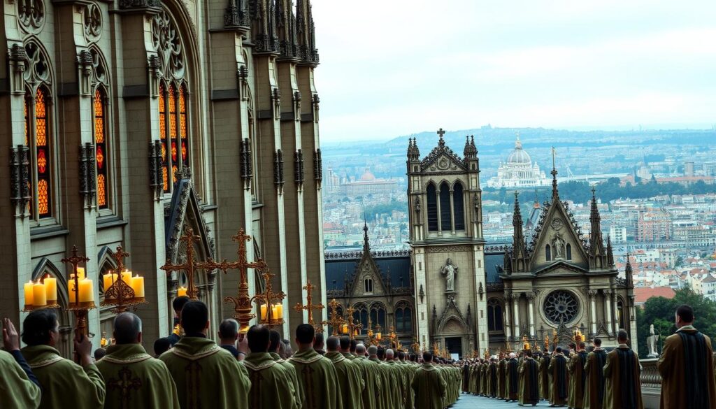 A grand cathedral with towering spires and ornate architectural details stands tall, its stained glass windows casting a warm, ethereal glow. In the foreground, a procession of robed figures carrying ornate crosses and candles symbolizes the enduring traditions of the Catholic Church. The middle ground reveals intricate carvings and statues depicting key historical moments and figures, while the background features a panoramic view of a bustling city skyline, highlighting the church's enduring presence and influence over the centuries. The scene is illuminated by a soft, diffused lighting that creates a sense of reverence and solemnity, capturing the essence of the Catholic Church's rich historical legacy.
