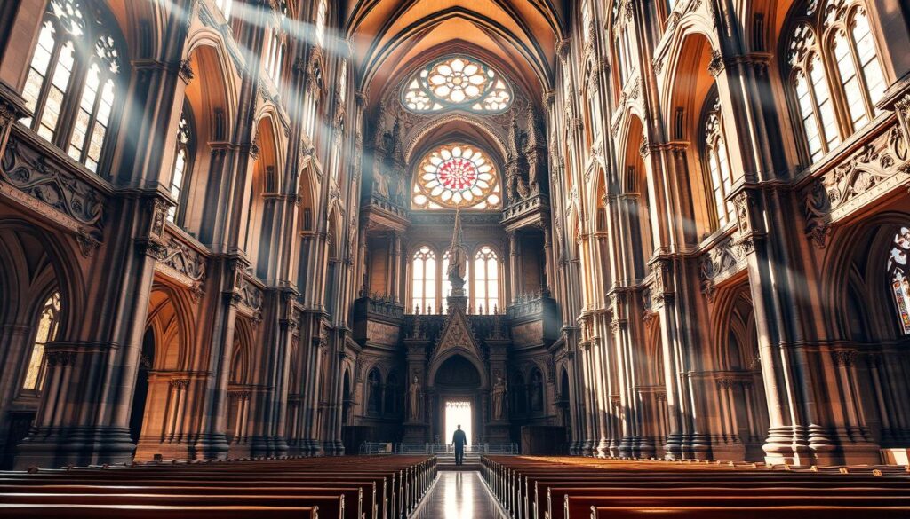A grand cathedral with towering spires and ornate facades, bathed in warm, golden light filtering through stained-glass windows. Intricate stone carvings, arched entryways, and towering columns evoke the grandeur and reverence of medieval European architecture. The interior is awe-inspiring, with ornate altars, detailed frescoes, and rows of wooden pews. Sunlight streams in, casting a serene, contemplative atmosphere, as the faithful gather to celebrate the rituals and traditions of the Catholic Church. The overall impression is one of timeless, sacred majesty, reflecting the enduring spiritual and cultural significance of this institution.