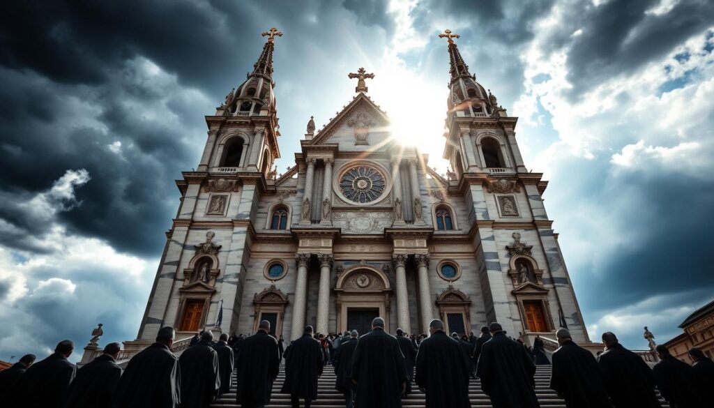 A grand cathedral's facade rises majestically against a dramatic, storm-swept sky. Sunlight filters through stained glass windows, casting a warm, reverent glow upon the ornate, marble-clad architecture. In the foreground, a procession of robed figures ascends the grand steps, their faces obscured by deep hoods, conveying a sense of solemn authority. Flanking them, towering columns and ornamental flourishes suggest the accumulation of power and influence over centuries. The scene evokes the historical ascent of the Roman Papacy, its growing dominance shaping the spiritual and political landscape of medieval Europe.