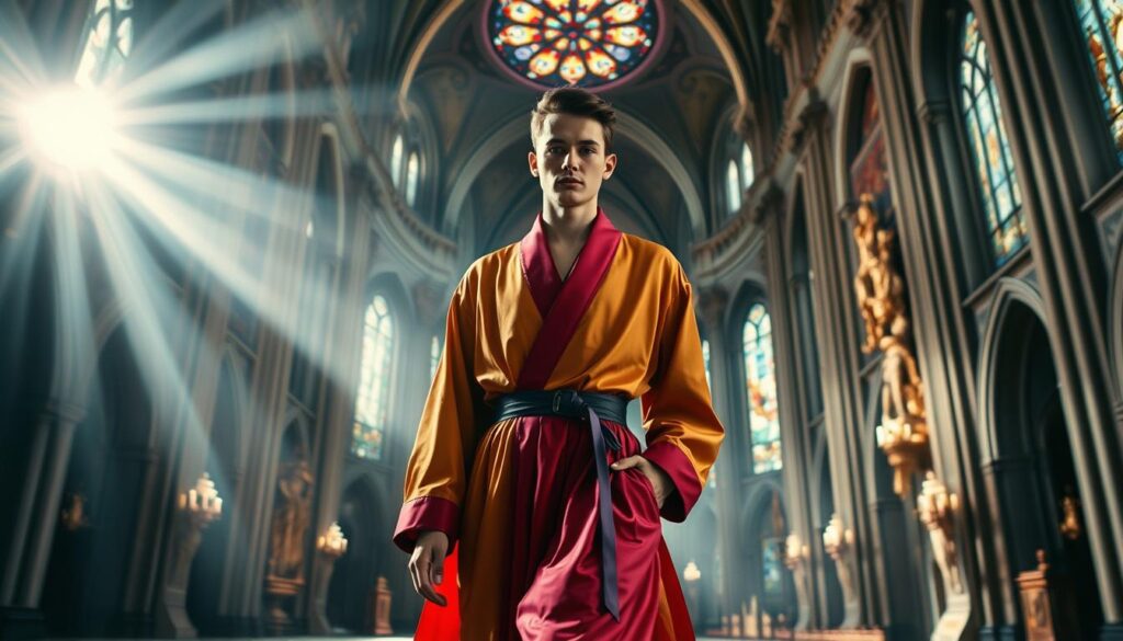 A grand cathedral's interior, bathed in ethereal light, serves as the backdrop for a striking display of Catholic-inspired queer fashion. In the foreground, a model confidently struts, donning a robe-like garment that blends ecclesiastical elements with bold, vibrant hues and intricate, androgynous silhouettes. Their gaze is piercing, challenging traditional norms. The middle ground showcases ornate, gilded altars and stained-glass windows, creating a sense of reverence and transcendence. Shadows and highlights sculpt the model's form, highlighting the fusion of sacred and subversive. The atmosphere is one of reverence, defiance, and a celebration of the intersection between faith, identity, and sartorial expression.