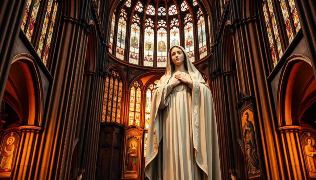 A grand cathedral's interior, bathed in warm, golden light filtering through stained glass windows. Ornate stone columns and arches frame the scene, evoking a sense of reverence and history. In the foreground, a large, intricately carved statue of the Virgin Mary stands, her serene expression and delicate features radiating a maternal, divine presence. Surrounding her, intricate religious iconography and tapestries depict key moments in the life of Mary, the Mother of God, illuminating the deep, historical foundations of Marian beliefs and devotion within the Catholic faith. The overall atmosphere conveys a profound sense of spirituality, tradition, and the enduring significance of the Blessed Virgin in Christian theology and worship.