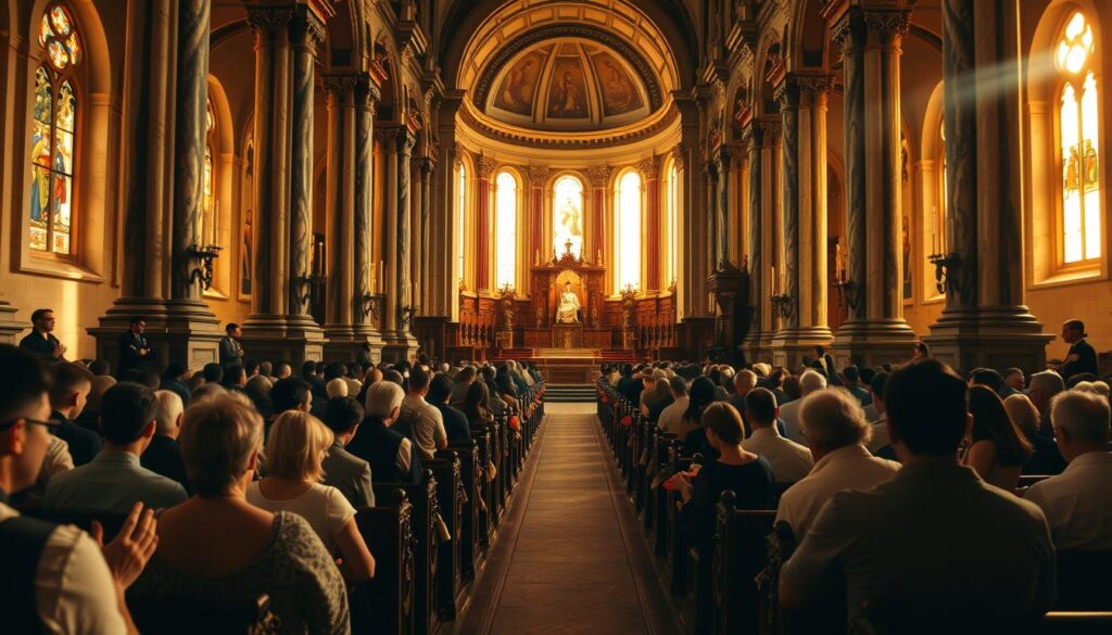 A grand cathedral's interior, bathed in warm, golden light filtering through stained glass windows. In the foreground, worshippers kneel in reverent prayer, their faces aglow with devotion. The middle ground showcases intricate, carved wooden pews and ornate, marble columns supporting a vaulted ceiling. In the background, a grand altar stands, adorned with religious iconography and flanked by tall, flickering candles. The atmosphere exudes a sense of timeless, sacred tradition, capturing the essence of the early Church's spiritual practices.