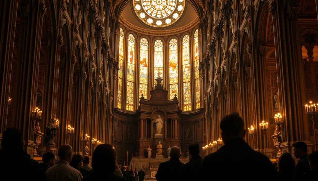 A grand cathedral's interior, bathed in warm, golden light filtering through stained glass windows. Ornate altars and statues stand as symbols of traditional Catholic doctrine. Yet, in the foreground, shadowy figures emerge, deep in contemplation, signifying a shift in theological thought. Subtle contrasts and tensions between old and new, orthodoxy and progressivism, create a visually striking scene that captures the evolution of Catholic thought and the changing landscape of belief.