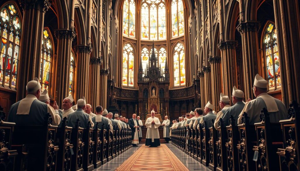 A grand cathedral's interior, bathed in warm, golden light filtering through stained glass windows. Ornate, carved wooden pews and a towering altar stand, conveying the solemn majesty of the Catholic Church's hierarchical structure. Bishops, dressed in ceremonial robes, stand in a procession, their faces grave and dignified, symbolizing the gradual development of the church's leadership over the centuries. The scene exudes a sense of historical weight and reverence, capturing the essence of the church's evolving organizational hierarchy.