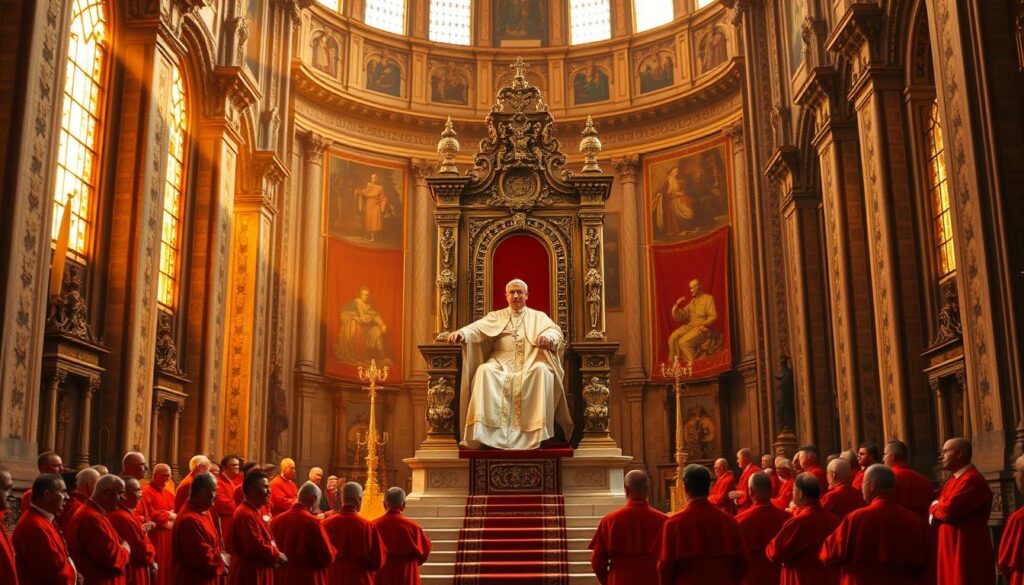 A grand cathedral's interior, bathed in warm, golden light filtering through stained glass windows. In the foreground, a majestic papal throne stands elevated, adorned with ornate carvings and rich fabrics. Seated upon it, a regal, robed figure radiates authority and divine right. Surrounding the throne, a gathering of cardinal's garbed in crimson, their expressions conveying reverence and submission. In the background, the opulent trappings of the Roman Curia unfold, tapestries, frescoes, and grand architectural features alluding to the consolidation of papal power. An atmosphere of solemn ceremony and unquestioned dominion permeates the scene.