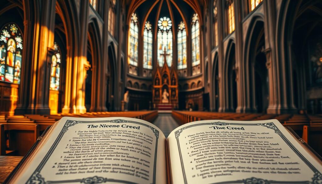 A grand cathedral's interior, bathed in warm, golden light from stained glass windows. In the foreground, the Nicene Creed is displayed on an ornate, leather-bound tome, its pages open to reveal the foundational beliefs of the Catholic Church. In the middle ground, rows of wooden pews face an elaborate altar, adorned with intricate carvings and religious iconography. The background depicts the soaring, vaulted ceilings and towering columns that embody the grandeur and reverence of this sacred space. The scene evokes a sense of timelessness, tradition, and the enduring spiritual essence of the Catholic faith.