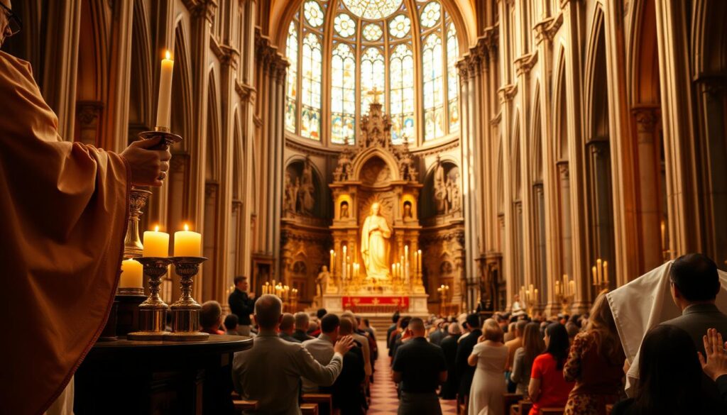 A grand cathedral's interior, bathed in warm, reverent light from stained glass windows. In the foreground, ornate chalices, wafers, and candles symbolize the Catholic sacraments. Priests garbed in flowing robes administer these rites, their faces serene. In the middle ground, worshippers kneel in prayer, hands clasped, expressions of devotion. The background reveals a grand altar, adorned with intricate carvings and religious iconography, capturing the solemn grandeur of Catholic holy days.