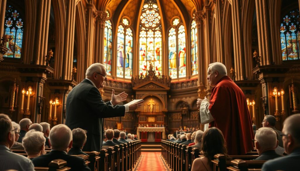 A grand cathedral's interior, bathed in warm, reverent light. At the center, a heated debate unfolds between two Catholic scholars, their gestures animated as they argue the complexities of free will. Stained glass windows cast kaleidoscopic hues, lending an air of contemplation. Ornate pews and ornaments hint at the rich history and tradition of the faith. In the background, congregation members observe the discussion, their expressions ranging from pensive to passionate. The scene conveys the intellectual rigor and spiritual gravity of the modern Catholic free will debate.