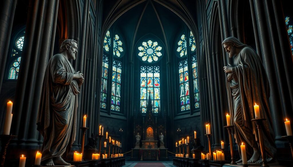 A grand cathedral's interior, dimly lit by flickering candles. In the foreground, imposing stone statues of biblical figures stand in reverence, their weathered features capturing a sense of ancient divinity. Ornate altars and ornaments adorn the middle ground, hinting at the rich symbolism and ritual of religious worship. In the background, stained glass windows cast kaleidoscopic patterns of colored light, creating an atmospheric, almost ethereal ambiance. The scene conveys a potent blend of reverence, mysticism, and the potential for idolatry, reflecting the complex role of religious imagery in Scripture.