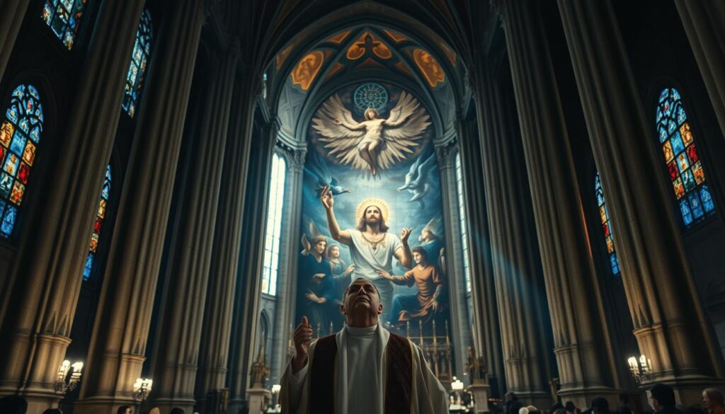 A grand cathedral's interior, dimly lit by stained glass windows casting an ethereal glow. In the foreground, a solemn priest stands before a congregation, hands raised in a gesture of somber contemplation. Behind him, massive stone columns rise, supporting a vaulted ceiling adorned with intricate religious iconography. In the background, a massive mural depicts a dramatic scene of heavenly figures and apocalyptic imagery, hinting at Catholic end times teachings. The atmosphere is one of reverence, solemnity, and a sense of impending spiritual reckoning.