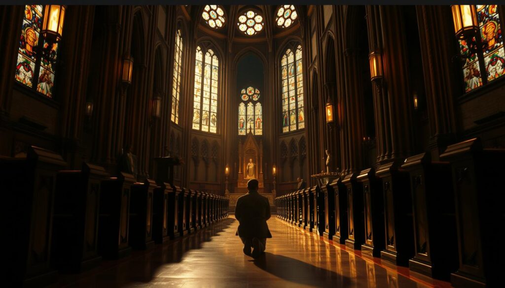 A grand cathedral's interior, dimly lit by stained glass windows, casts a warm, reverent glow. In the foreground, a solitary figure kneels in prayer, their face serene and contemplative, conveying the essence of "faith alone." The middle ground features ornate wooden pews and intricate architectural details, hinting at the rich tradition and history of Catholic teachings. The background recedes into a sense of mystery and transcendence, as if the divine presence permeates the space. The scene is captured with a cinematic, wide-angle lens, creating a sense of scale and grandeur, inviting the viewer to engage with the profound nature of this Catholic tenet.