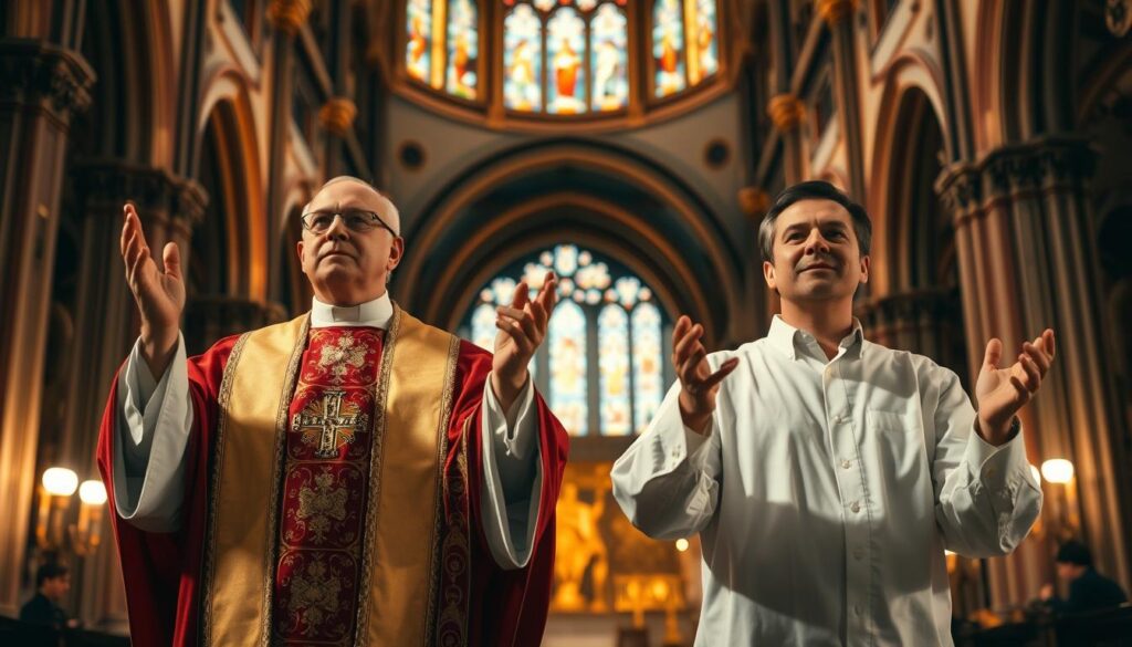 A grand cathedral's interior, its ornate arches and stained glass casting a warm glow. In the foreground, a Catholic priest in resplendent robes stands solemnly, hands raised in benediction. Beside him, a more plainly dressed Evangelical minister gestures emphatically, their differing expressions and poses conveying the contrast in their approaches to spiritual authority. Subtle shadows and highlights lend depth and drama, while the background fades into a sense of reverence and contemplation.