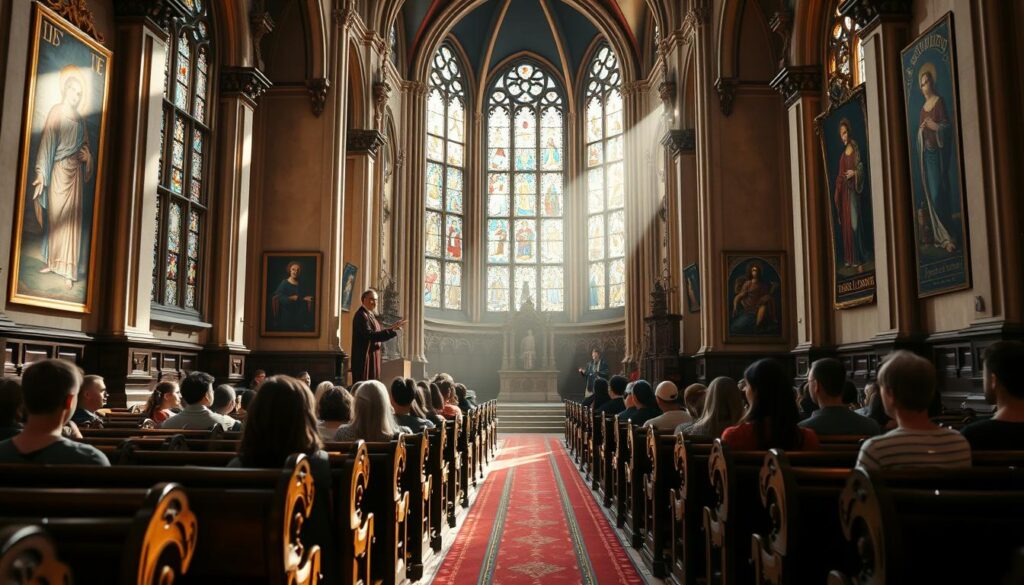A grand cathedral's interior, sunlight streaming through stained glass windows, casting a warm glow on ornate wooden pews arranged in orderly rows. In the foreground, a teacher stands at a lectern, gesturing as they present to a small class of attentive students. On the walls, religious artwork and tapestries depict important Catholic teachings and symbols. The atmosphere is one of reverence, scholarship, and spiritual enlightenment, perfectly capturing the essence of a structured Catholic educational course.