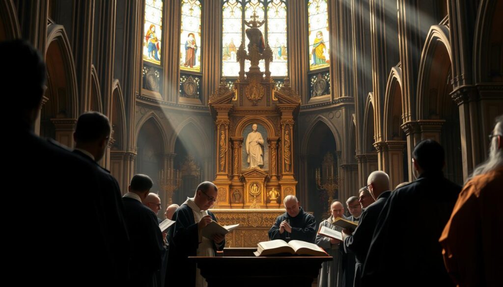 A grand cathedral's interior, sunlight streaming through stained glass windows, casting a warm glow on the ornate altar and pulpit. At the center, a gathering of robed clergy poring over ancient tomes, debating canon law reforms, their expressions thoughtful and intent. Shadowy figures in the background, observing the proceedings with a sense of reverence and anticipation. The scene evokes a solemn, contemplative atmosphere, befitting the weighty matters under discussion - the Catholic Church's response to the challenges of heresy and the need to update its legal framework.