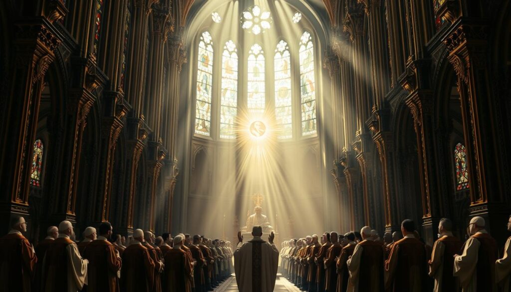 A grand cathedral's interior, sunlight streaming through stained glass windows. In the foreground, the Holy Trinity - Father, Son, and Holy Spirit - depicted in a majestic, awe-inspiring scene. Surrounding them, a conclave of Catholic Church leaders, robed in ornate vestments, reverently gathered. Intricate architectural details, ornate columns, and rich, textured fabrics create a sense of grandeur and reverence. The lighting is soft, warm, and ethereal, casting a heavenly glow upon the sacred gathering. The overall atmosphere is one of reverence, spirituality, and the profound significance of Catholic beliefs and leadership.