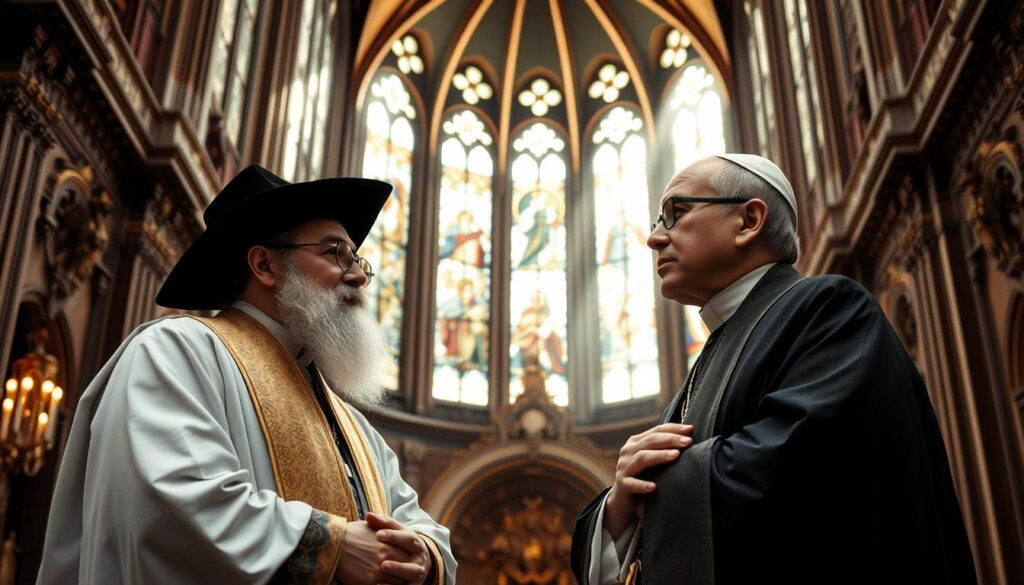 A grand cathedral's interior, where sunlight streams through stained glass, illuminating two figures in deep contemplation. One, robed in the traditional garb of a rabbi, the other in the vestments of a Catholic priest. They stand side by side, engaged in earnest dialogue, their expressions reflecting a profound shared understanding of their theological heritage. The ornate, yet serene, setting serves as a backdrop, hinting at the centuries-old connection between these two faiths. The scene exudes a sense of reverence, wisdom, and the timeless pursuit of spiritual enlightenment.