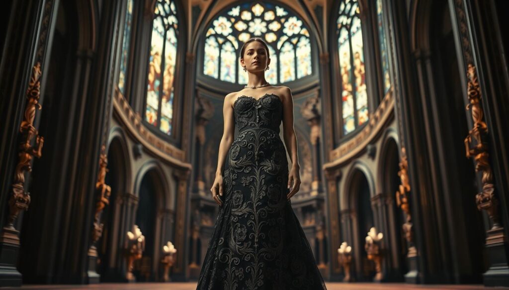 A grand cathedral's ornate interior, dimly lit by stained glass windows. In the foreground, a model stands in a striking couture gown, its intricate embroidery and structured silhouette evoking the rich tapestry of Catholic iconography. Dramatic chiaroscuro lighting casts deep shadows, adding an air of mystery and reverence. The gown's design seamlessly blends sacred motifs with contemporary high fashion, a testament to the enduring influence of the Catholic aesthetic on modern design. The model's pose is one of poise and contemplation, reflecting the fusion of spiritual transcendence and earthly elegance. Against the backdrop of the cathedral's soaring arches and gilded accents, this image captures the essence of "Catholic imagination fashion."