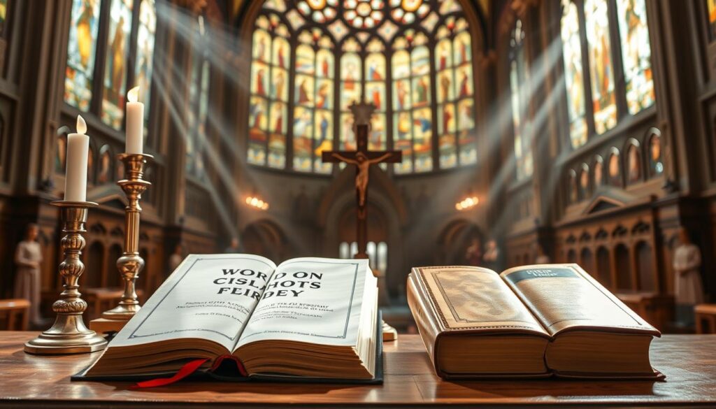 A grand cathedral's stained glass windows cast a warm, reverent glow onto a table displaying two books - one a modern volume with a bold title, the other a leather-bound classic. Elegant candlesticks and a crucifix adorn the scene, creating an atmosphere of scholarly contemplation. Rays of light illuminate the pages, inviting the viewer to explore the rich tapestry of Catholic literature, both contemporary and time-honored. The composition balances the contrast between the new and the old, the innovative and the traditional, capturing the essence of the section's theme - a thoughtful comparison of Word on Fire and classic Catholic works.