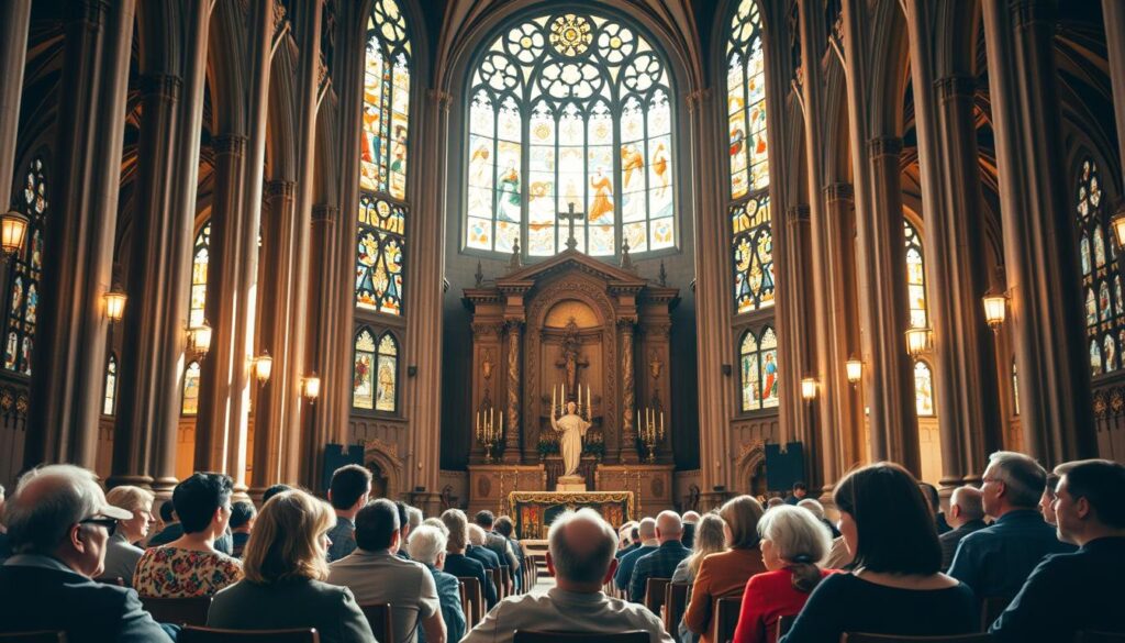A grand cathedral's stained glass windows cast a warm, reverent glow over a gathering of parishioners engaged in thoughtful discussion. In the foreground, a group of diverse individuals - young and old, men and women - sit in a semicircle, their faces alight with compassion as they consider the principles of Catholic social teaching. The middle ground features a majestic altar adorned with symbols of faith, flanked by ornate columns supporting the vaulted ceiling. In the background, a sense of tranquility pervades, with sunlight streaming through the windows, illuminating the sacred space and the faithful's dedication to living out the church's moral guidelines.