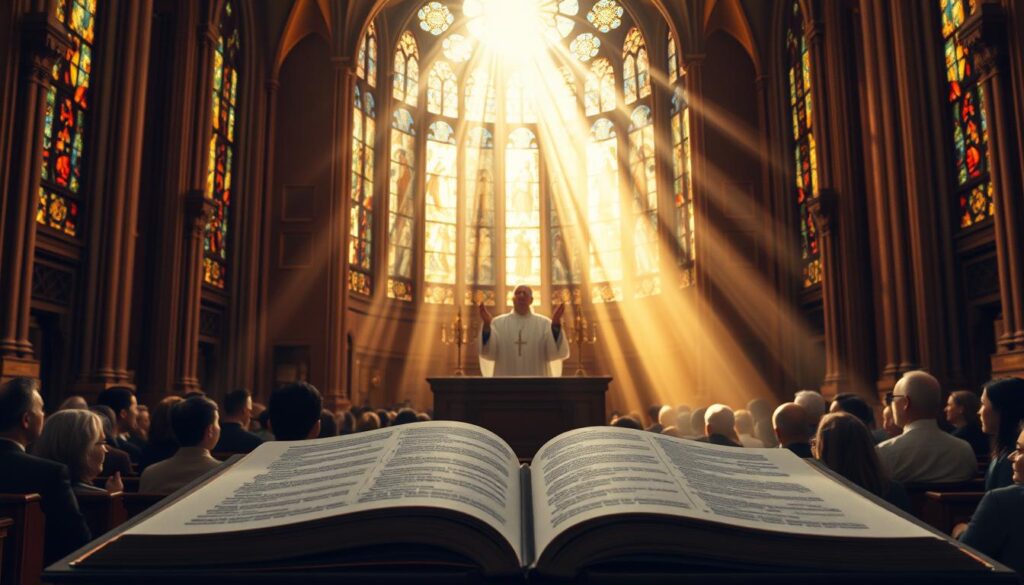 A grand cathedral's stained glass windows cast a warm, reverent glow upon a priest standing at the altar, his hands raised in a gesture of benediction. Celestial rays of light stream through the vaulted ceilings, illuminating the pious congregation below. In the foreground, an open Bible lies upon a lectern, its pages fluttering as if touched by unseen spiritual forces. The atmosphere is one of solemn contemplation, as the faithful ponder the mysteries of the rapture and Catholic teachings on the end times.