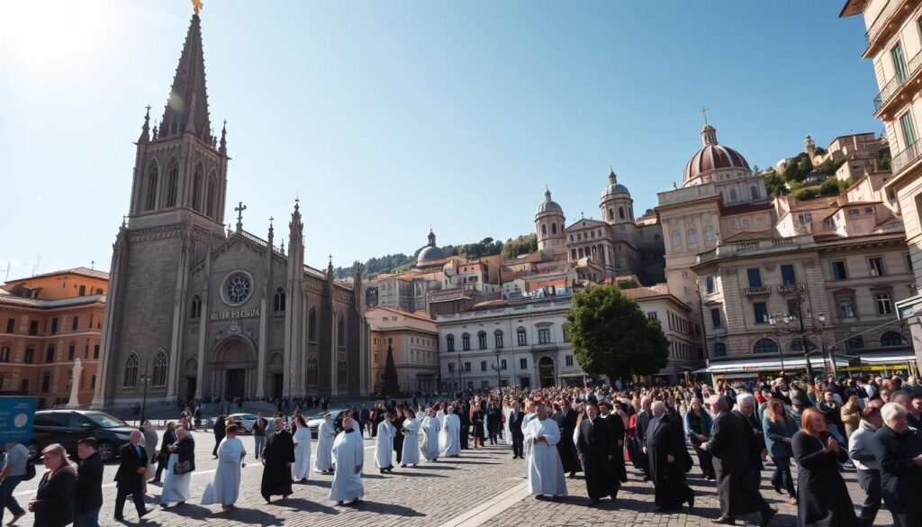 A grand cathedral's towering spires pierce the sky, surrounded by bustling city streets teeming with life. In the foreground, a procession of robed clergy and faithful parishioners wind through the cobblestone plaza, their solemn expressions conveying the gravity of their devotion. Sunlight filters through stained glass windows, casting a warm, reverent glow over the scene. In the distance, other iconic Catholic landmarks - basilicas, monasteries, and cathedrals - dot the hilly urban landscape, united in their representation of the faith's enduring influence. An aura of tradition, history, and spiritual contemplation permeates the image, capturing the essence of leading Catholic nations on the global stage.