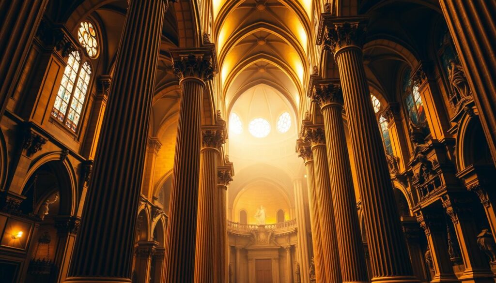 A grand catholic cathedral, its majestic pillars rising tall and proud, adorned with intricate carvings and ornate details. The warm, golden light filters through stained glass windows, casting a reverent glow upon the soaring arches and ornate altars. In the foreground, the sturdy, fluted columns stand as steadfast guardians, their Corinthian capitals reaching skyward, symbolizing the unwavering authority and tradition of the Catholic Church. The middle ground reveals the ornate, sculpted facades, each alcove and niche a testament to the rich artistic heritage. The background fades into a hazy, atmospheric perspective, evoking a sense of timelessness and the weight of centuries of history. This image embodies the enduring power and influence of the Catholic Church, a visual representation of its foundational pillars.