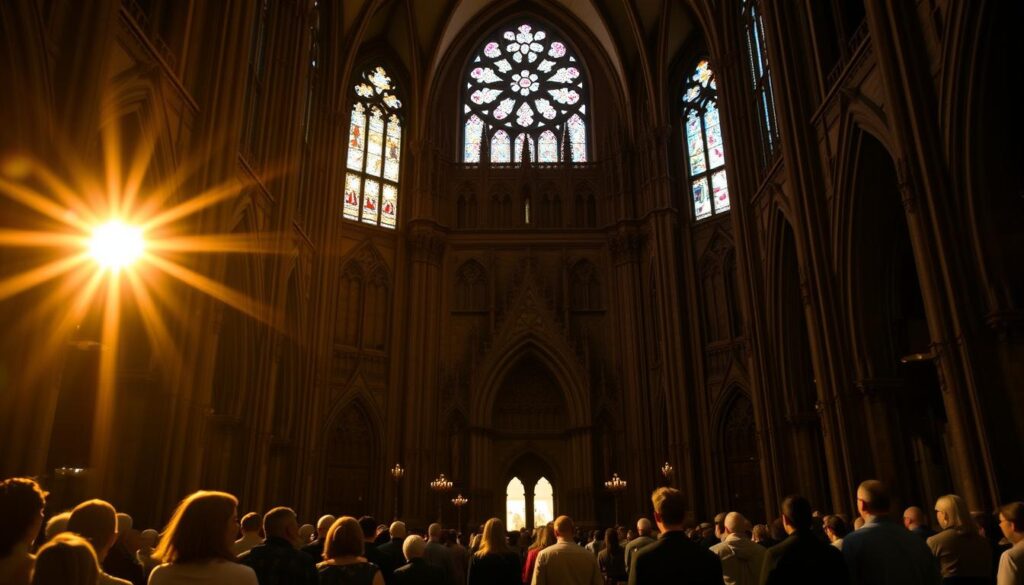 A grand catholic cathedral, its spires reaching towards the heavens, bathed in the warm glow of the setting sun. The intricate gothic architecture, adorned with ornate carvings and stained glass windows, stands as a testament to the universality and apostolicity of the church. The interior is illuminated by the soft, diffused light filtering through the multicolored panes, casting a serene and contemplative atmosphere. In the foreground, a group of worshippers kneel in reverence, their faces alight with the spiritual essence of the space. The scene conveys the timeless and profound nature of the Catholic faith, a unifying force that transcends borders and generations.