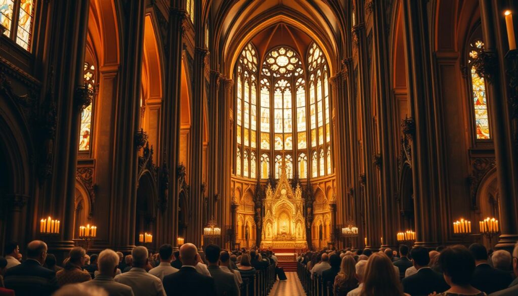 A grand catholic cathedral stands majestically, its towering spires and ornate façade bathed in warm golden light. Through the large stained-glass windows, a reverent congregation is seen engaged in a solemn mass, their expressions of contemplation and devotion. The interior is resplendent with intricate carvings, gilded altars, and the flickering glow of candles, creating an atmosphere of sacred contemplation. The scene exudes a sense of timeless tradition and the profound spiritual connection between the worshippers and their faith.