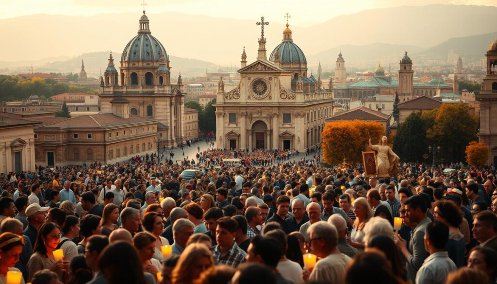 A grand, global celebration of Catholicism's most sacred week. In the foreground, a diverse crowd of worshippers gather in solemn reverence, their faces illuminated by the warm glow of candlelight. In the middle ground, grand cathedrals and basilicas rise majestically, their ornate facades adorned with intricate carvings and stained glass windows. The background is a tapestry of cultural traditions, with processions, parades, and vibrant festivities unfolding against a backdrop of rolling hills, historic cityscapes, and vibrant foliage. The scene is bathed in a soft, golden light, evoking a sense of timelessness and spiritual transcendence.