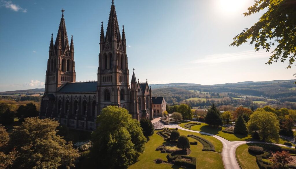 A grand, gothic-style church with towering spires and ornate facade stands proudly in the foreground, its intricate stonework and stained glass windows catching the warm glow of the afternoon sun. In the middle ground, a lush, verdant garden surrounds the church, with a meandering path leading visitors on a historical journey through its grounds. In the distance, a serene, rolling landscape of rolling hills and vibrant foliage creates a picturesque backdrop, evoking a sense of timeless, parish heritage. The scene is captured with a wide-angle lens, emphasizing the grandeur and scale of the church and its serene, tranquil setting.