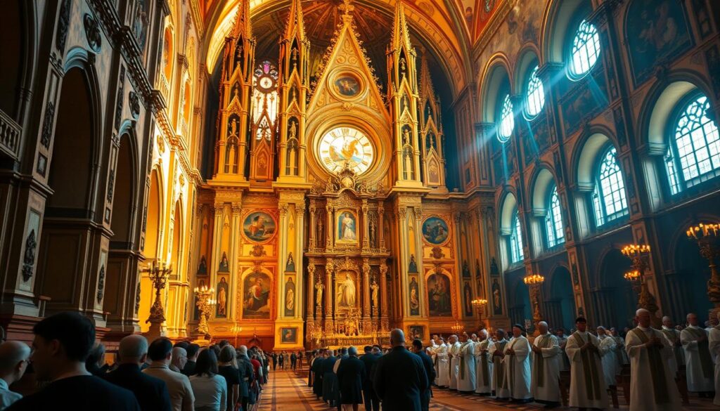 A grand, majestic cathedral standing tall, its intricate architecture and towering spires bathed in warm, golden light. Inside, worshippers kneel in reverence before an ornate altar, the walls adorned with elaborate frescoes and stained-glass windows depicting religious scenes. The atmosphere is one of solemn reverence, as the space exudes a sense of power, history, and the unwavering influence of the state-sanctioned faith. In the distance, a procession of robed clergy moves with measured steps, underscoring the hierarchical nature of this institution that has become deeply intertwined with the workings of the state.