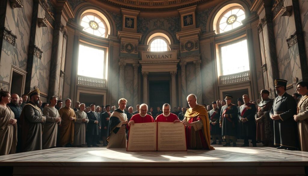 A grand marble hall in ancient Rome, sunlight streaming through ornate windows, illuminating the gathered crowd. In the foreground, two distinguished Roman officials stand, signing a parchment - the Edict of Milan, which grants religious tolerance and restores confiscated Christian properties. Senators and military leaders observe solemnly, marking a pivotal moment in the shift towards Catholicism's acceptance within the Roman Empire. The opulent, classically-inspired architecture frames the scene, conveying the authority and significance of this historic decision. Muted tones and rich textures evoke the gravity of the occasion, a turning point that would shape the future of Christianity.