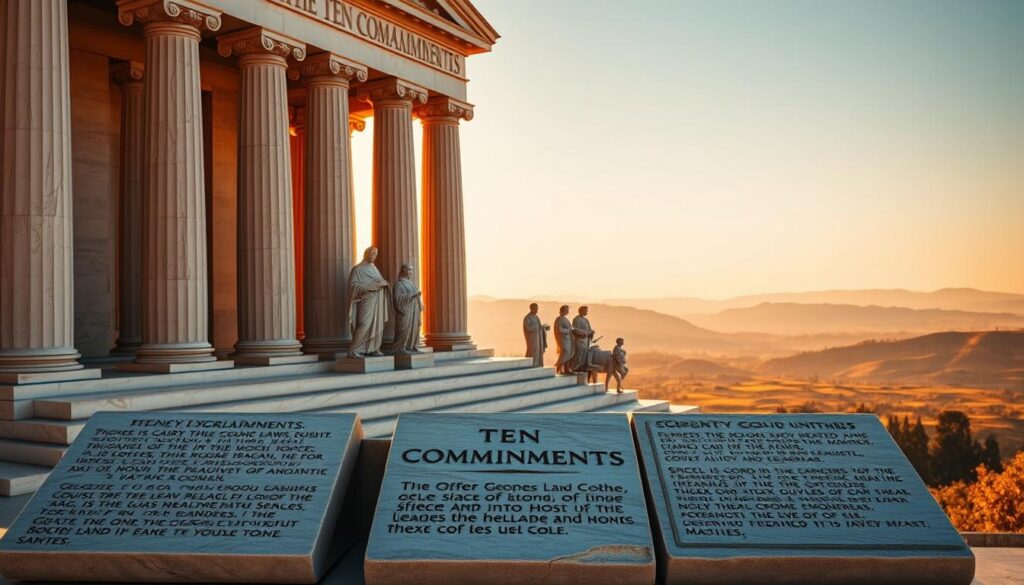 A grand marble structure, illuminated by warm, golden light, stands as a testament to the Ten Commandments. In the foreground, ten stone tablets, etched with the sacred laws, are displayed with reverence. The middle ground features sculpted figures, embodying the moral principles, their expressions serene and resolute. In the background, a breathtaking landscape unfolds, with rolling hills and a clear, azure sky, symbolizing the divine nature of these timeless tenets. The scene exudes a sense of timelessness, evoking the enduring significance of the Ten Commandments as the foundation of Catholic moral teachings.