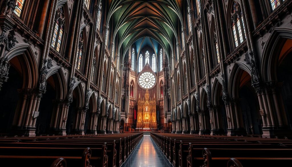 A grand, mystical Catholic church stands tall, its spires reaching towards the heavens. The ornate facade is adorned with intricate carvings and stained glass windows that cast a warm, ethereal glow. Inside, the cavernous interior is bathed in soft, ambient lighting, with towering columns supporting a vaulted ceiling. Rows of wooden pews lead the eye towards the ornate altar, where a sense of reverence and spiritual contemplation permeates the air. The overall atmosphere is one of awe-inspiring grandeur, inviting visitors to immerse themselves in the rich history and sacred traditions of the Catholic faith.