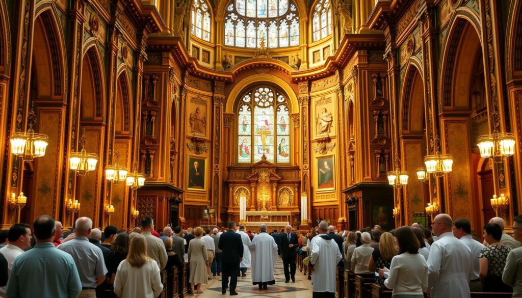 A grand, ornate Catholic church interior with a central altar and intricate architectural features. Warm, golden lighting illuminates the intricate woodcarvings, stained-glass windows, and polished marble floors. In the foreground, a group of parishioners gather, engaged in discussion and prayer, representing the active ministries of the church. The middle ground showcases parish leadership, such as priests and deacons, guiding the congregation. In the background, alcoves and side chapels offer spaces for quiet reflection and individual worship. An atmosphere of reverence, spirituality, and community pervades the scene.