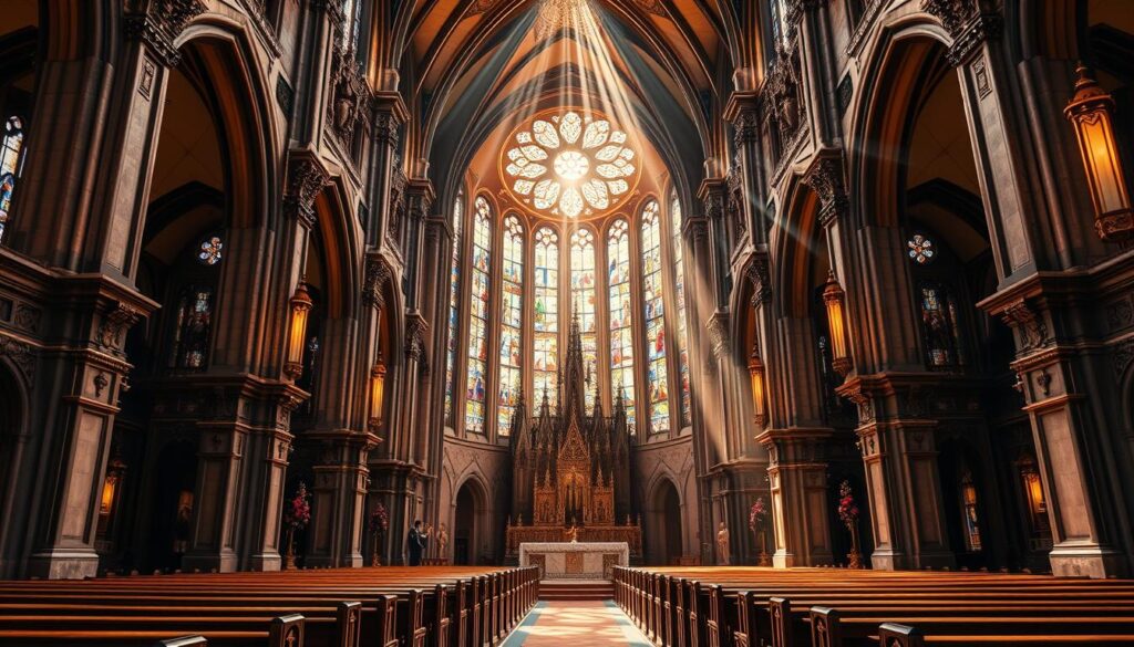 A grand, ornate Catholic church stands tall, its steeple reaching skyward. Intricate stone facades and stained glass windows adorn the structure, radiating a sense of divine inspiration. The interior is bathed in warm, ethereal light, with sunbeams streaming through the colorful glass, casting a kaleidoscope of hues upon the polished wooden pews. Ornate altars and religious iconography evoke a reverent atmosphere, inviting worshipers to connect with the spiritual essence of the Holy Spirit. Towering arches and vaulted ceilings create a vast, awe-inspiring space, evoking a profound sense of the divine presence. The overall scene conveys the grandeur, solemnity, and spiritual essence of a Catholic church dedicated to the life mission of the Holy Spirit.